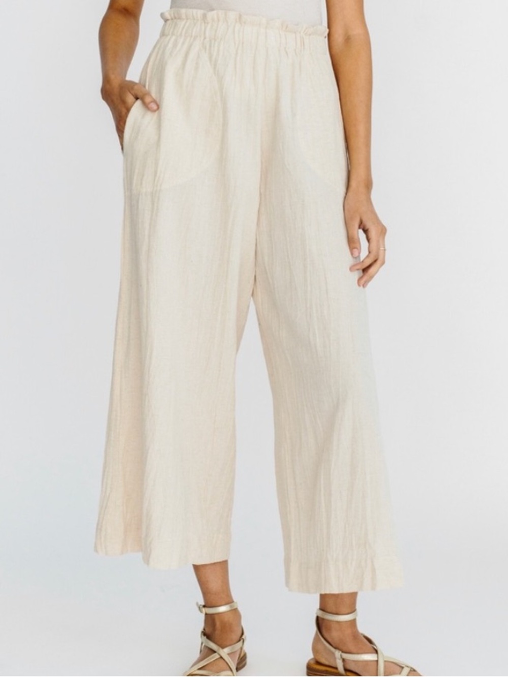 Mirth Beach Pant in Oatmeal Wide Leg Crop Cotton Linen Boho Small